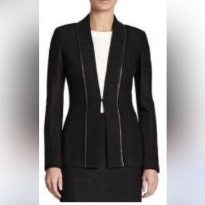 St. John Black Wool Knit Blazer with Leather Trim. Size 10. EUC